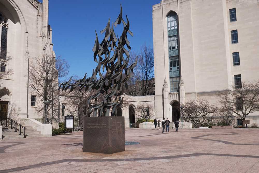 The “Free at Last” sculpture in Marsh Plaza, erected in memory of Martin Luther King Jr.. The 50th anniversary of the assassination of BU alumnus Martin Luther King Jr. was marked Wednesday. PHOTO BY FELIX PHILLIPS/DAILY FREE PRESS STAFF 

