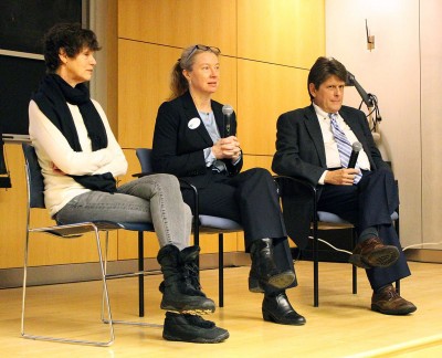 (From left) Lisa Goldberg, director of research at Aperio Group, Leslie Samuelrich, president of Green Century Capital Management and Bob Massie, co-founder of the Global Reporting Initiative take audience questions during a fossil fuel divestment panel at Boston University Thursday night. PHOTO BY MAE DAVIS/DAILY FREE PRESS STAFF