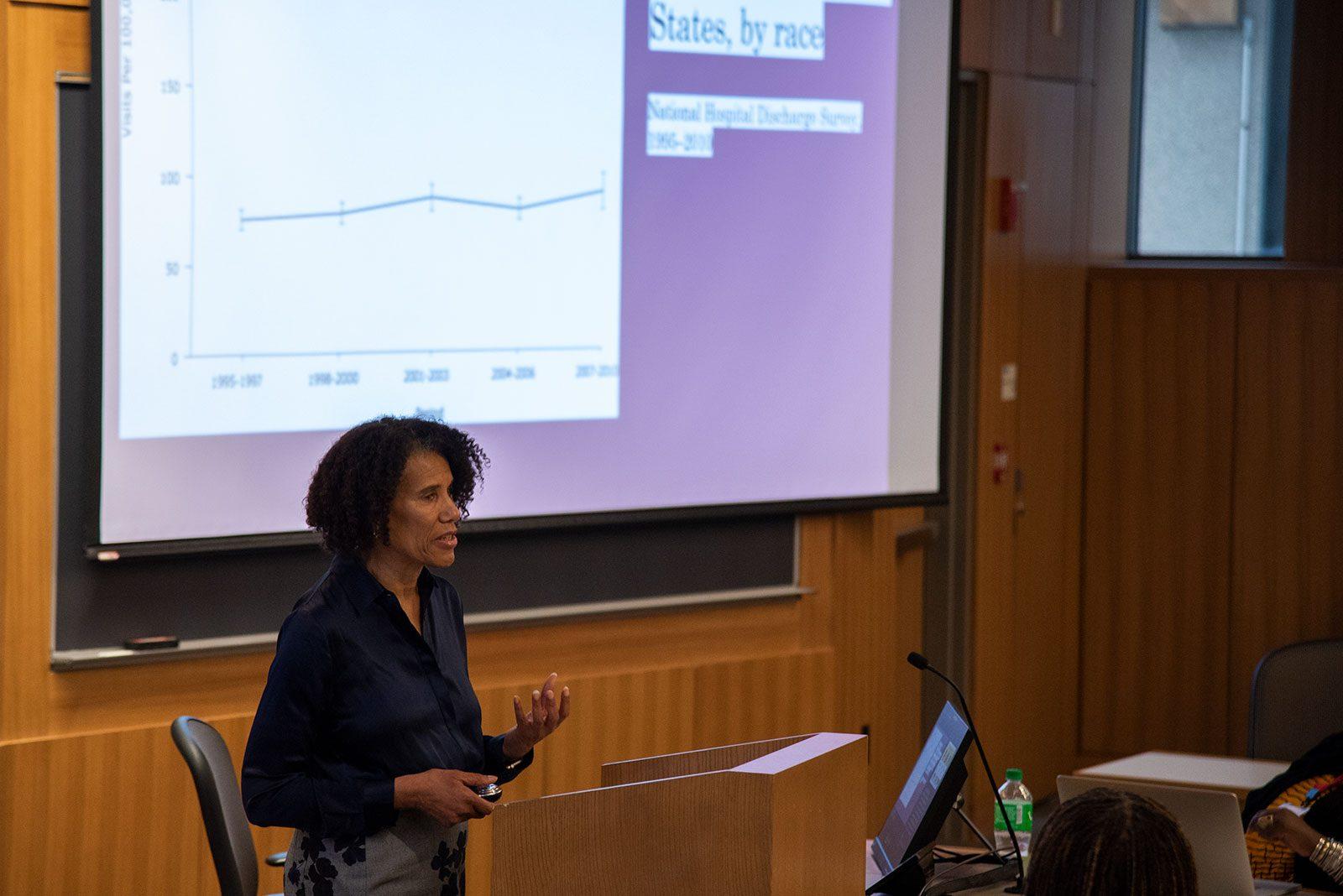 Denise Herd of the Berkeley School of Public Health discusses police violence and its health impacts on a panel at an annual conference hosted by Boston University School of Law on Friday. DANIEL MU/ DAILY FREE PRESS STAFF