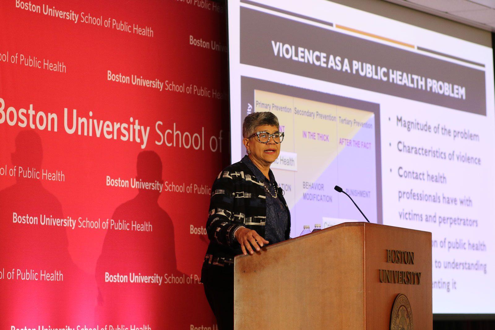 Deborah B. Prothrow-Stith, dean of Charles R. Drew University of Medicine and Science’s College of Medicine, speaks at a public health forum on violence prevention hosted by Boston University’s School of Public Health and School of Social Work Tuesday. COURTESY OF BU SCHOOL OF PUBLIC HEALTH