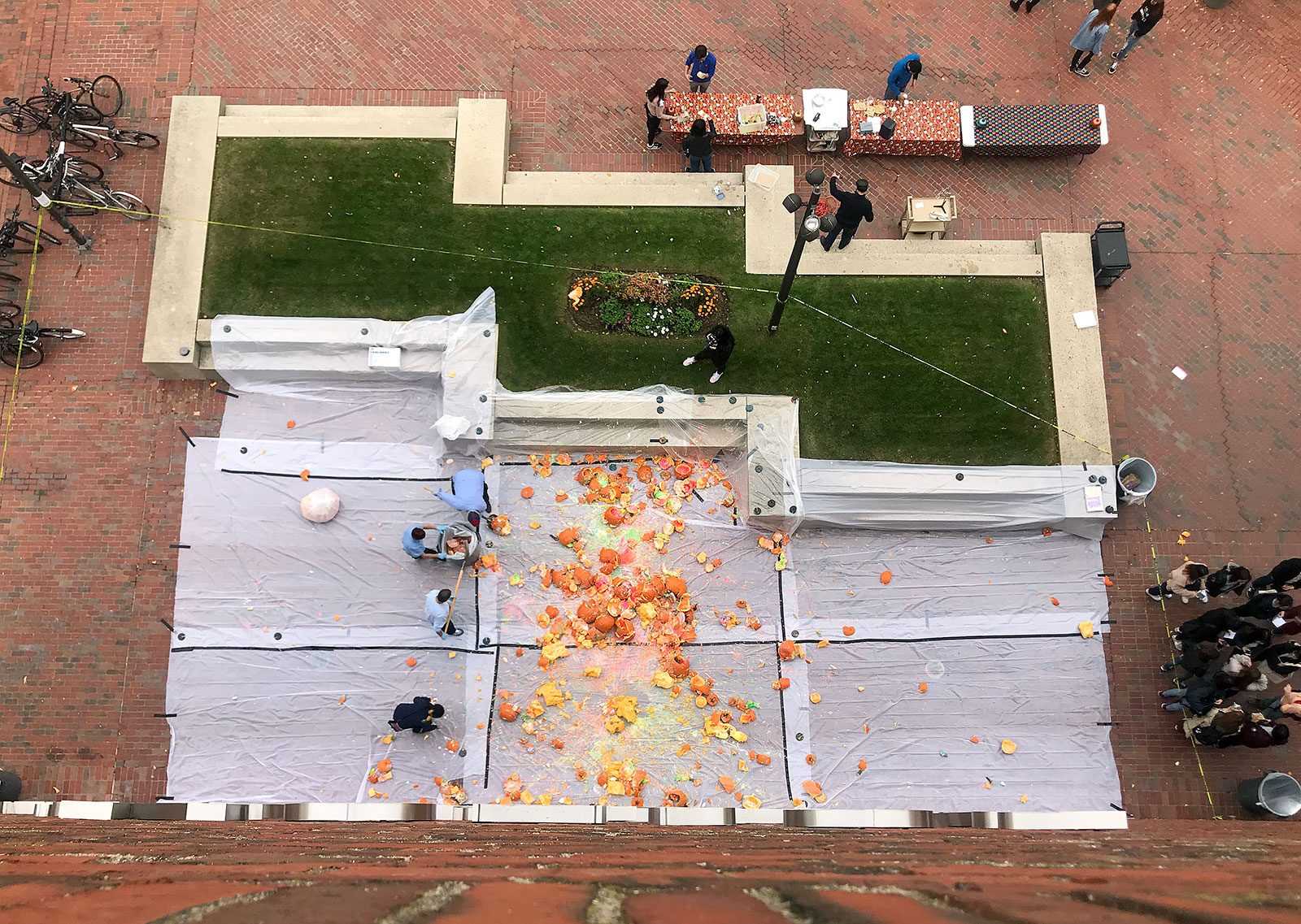 An overhead view of the aftermath of the 15th Annual BU Physics Pumpkin Drop that took place outside of the Metcalf Science Center on Friday. COURTESY OF THE BOSTON UNIVERSITY PHYSICS DEPARTMENT