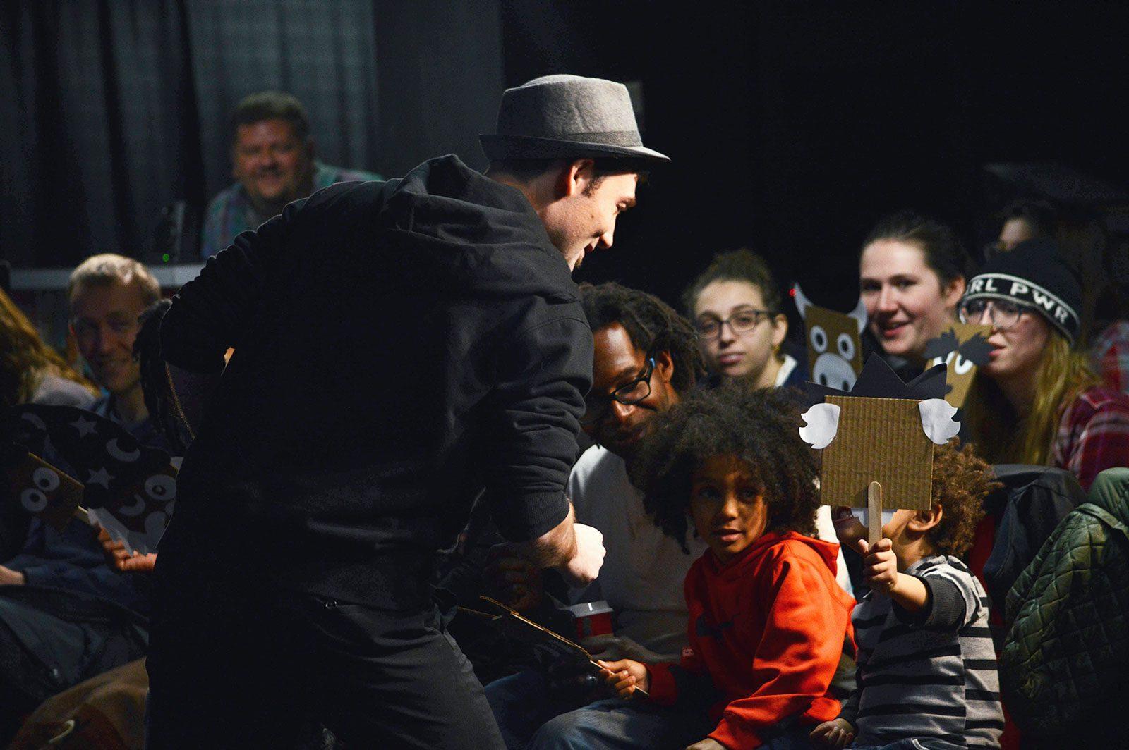 Puppeteer Brad Shur (left) performs an act called “The Kingdom” as part of his show “Cardboard Explosion.” VIGUNTHAAN THARMARAJAH/ DAILY FREE PRESS STAFF