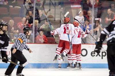 A goal celebration ensues during the third period of the game between the Providence College Friars and the Boston University Terriers on December 3rd, 2016, at Agganis Arena in Boston, MA. (Photo by John Kavouris/Daily Free Press)