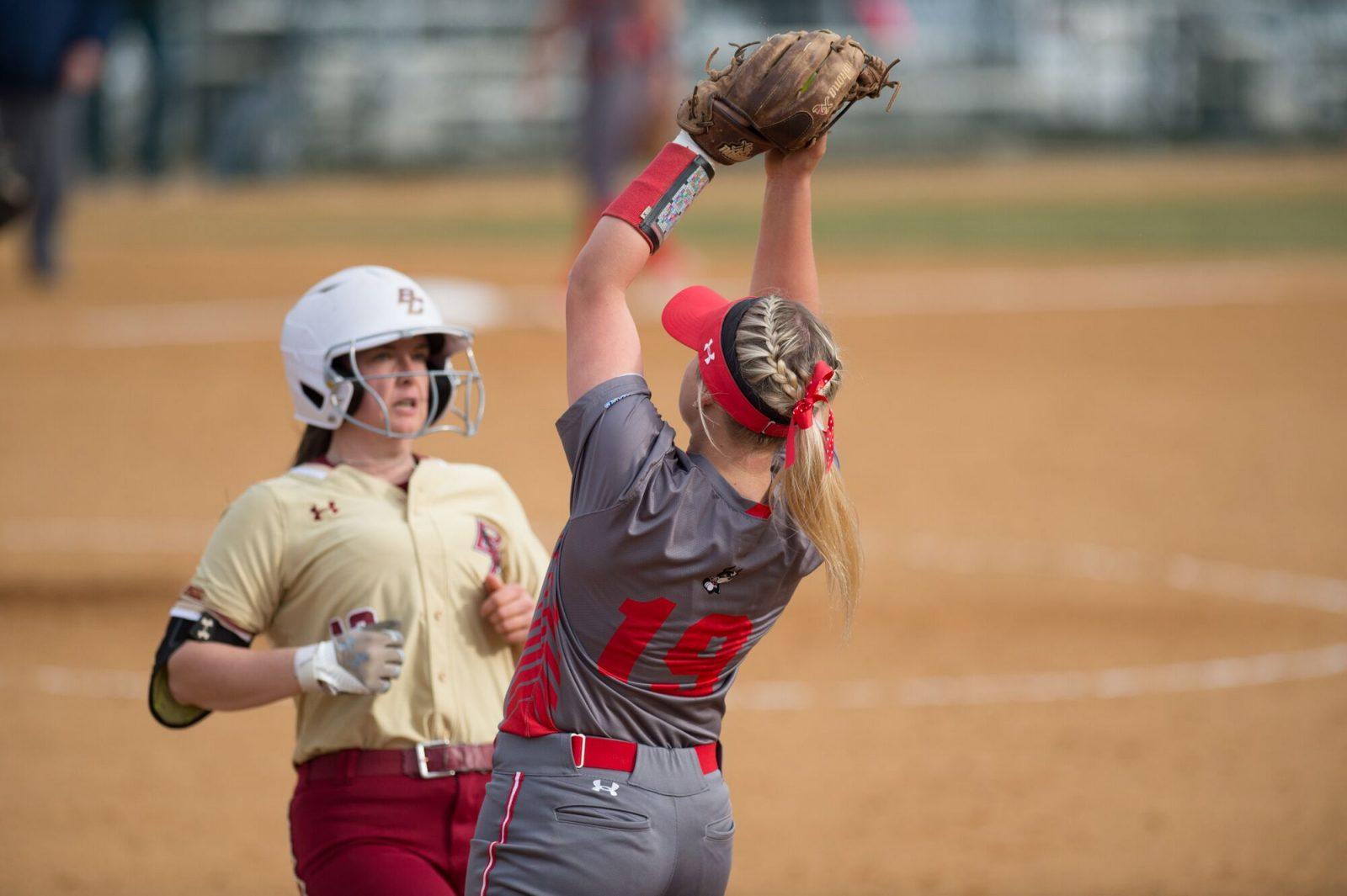 Women’s softball senior infielder Emily Morrow catches the ball in a game against Boston College in March 2018. Morrow has the Terriers’ leading batting average five games in to the 2019 season. MADDIE MALHOTRA/ DAILY FREE PRESS STAFF