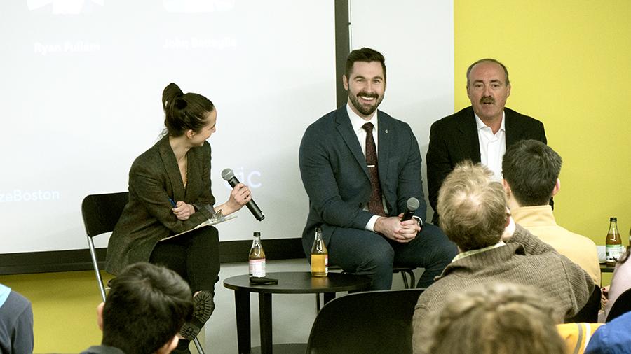 Majrila Gavrilov, Michael Brown, John Battaglia during the “#Finimized: Millenials and Banks” event in Boston on Friday. PHOTO BY FELIX PHILLIPS/ DAILY FREE PRESS STAFF
