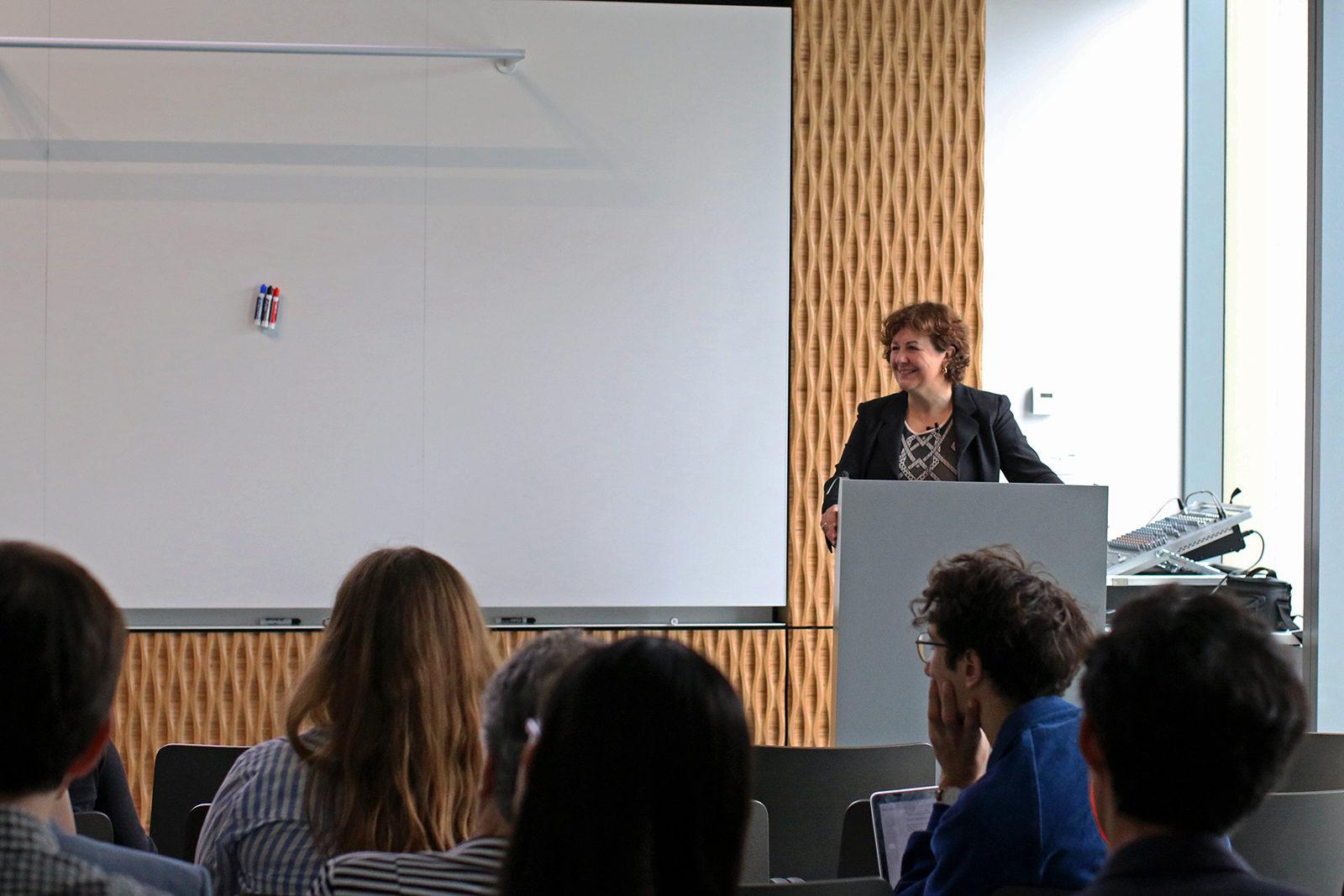 Michèle Lamont, Harvard University's director of the Weatherhead Center for International Affairs, speaks at “Addressing the Recognition Gap: Destigmatization and the Reduction of Inequality” at the Rajen Kilachand Center for Integrated Life Sciences and Engineering Monday afternoon. PHOTO BY JACKIE O’BRIEN/ DAILY FREE PRESS STAFF