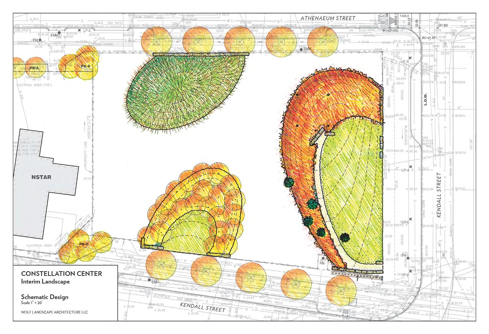 After plans were delayed for building the Constellation Center, a $300-million performing arts center in Kendall Square, property owner Glenn KnicKrehm plans to create a temporary park in its place. GRAPHIC COURTESY OF GLENN KNICKREHM
