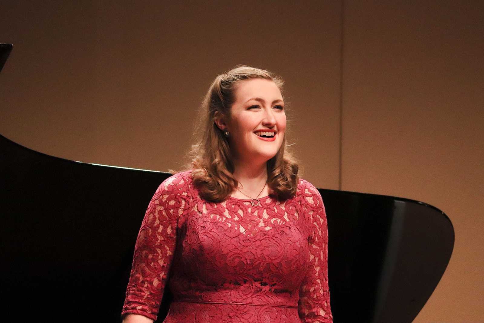 Maureen Brabec, a graduate student in the College of Fine Arts, performs a soprano solo at the 2020 Boston University Orchestra Concerto Competition in CFA Tuesday. PERRY SOSI/ DAILY FREE PRESS STAFF