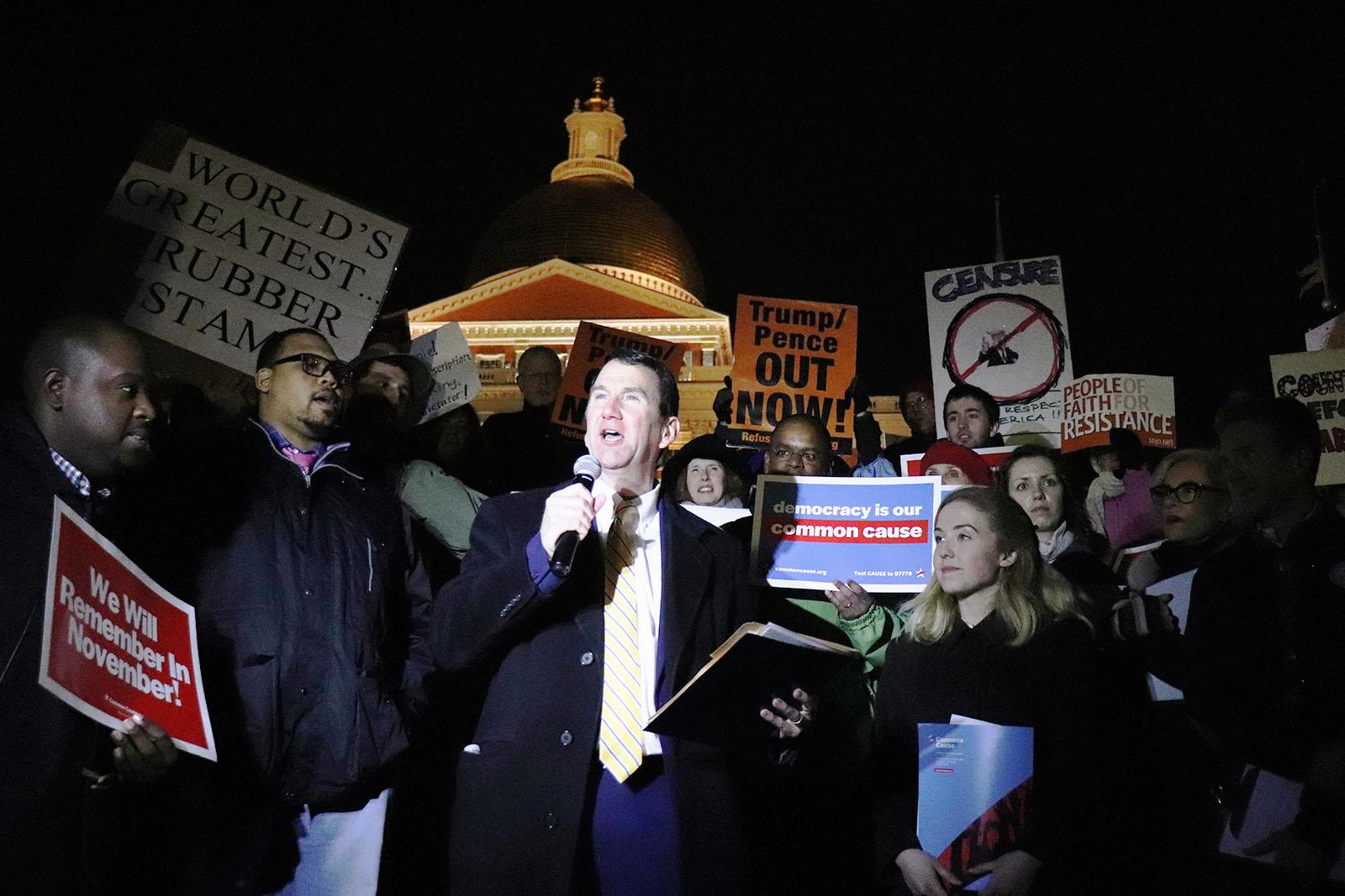 People protested the acquittal of President Trump in the Senate impeachment trial in the Boston Common Wednesday. PERRY SOSI/ DAILY FREE PRESS STAFF