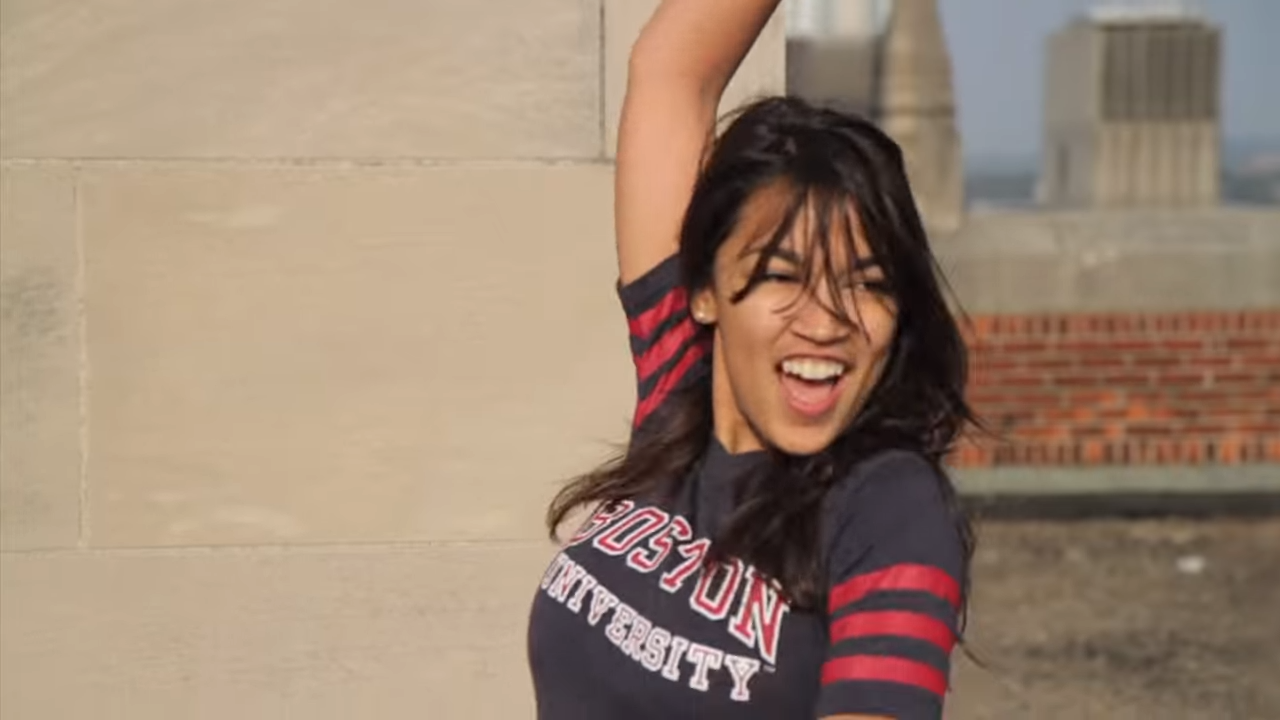 Video surfaces of BU alumna Alexandria Ocasio-Cortez dancing on CAS roof