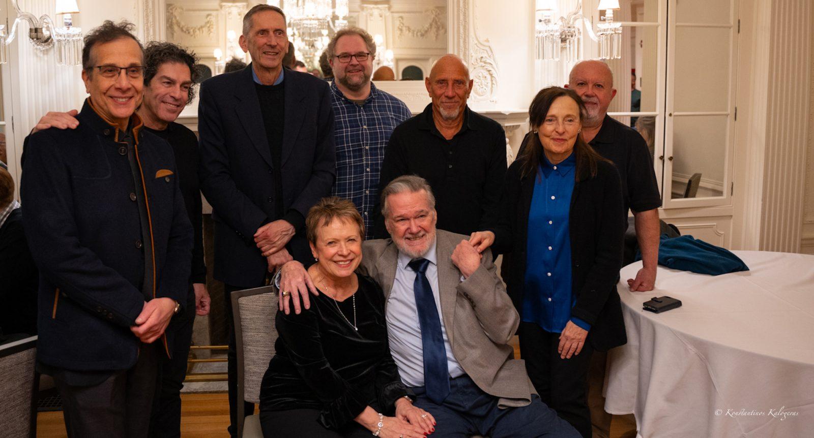 Sitting, from left to right, Kathryn Marshall Headrick and Sam Headrick. Standing, from left to right, Apostolos Paraskevas, Panos Liaropoulos, Martin Amlin, Justin Castingino, Francisco Noya, Margaret McAllister, and Alex Kalogeras at the reception following Reflections on a Life Composing and Teaching: Tribute Concert - The Music of Sam Headrick on Feb. 5 at the Tsai Performance Center. The concert showcased a selection of Mr. Headrick’s works and was performed by an ensemble of accomplished musicians. COURTESY OF KONSTANTINOS KALOGERAS 