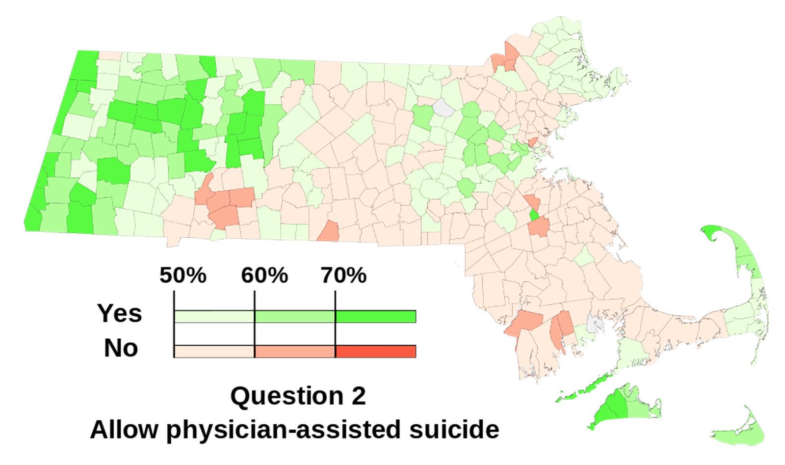 This graphic reports on the voting results of Question 2 in the Massachusetts general election of 2012, in which 51 percent of votes are against physician-assisted suicide. PHOTO COURTESY WIKIMEDIA COMMONS