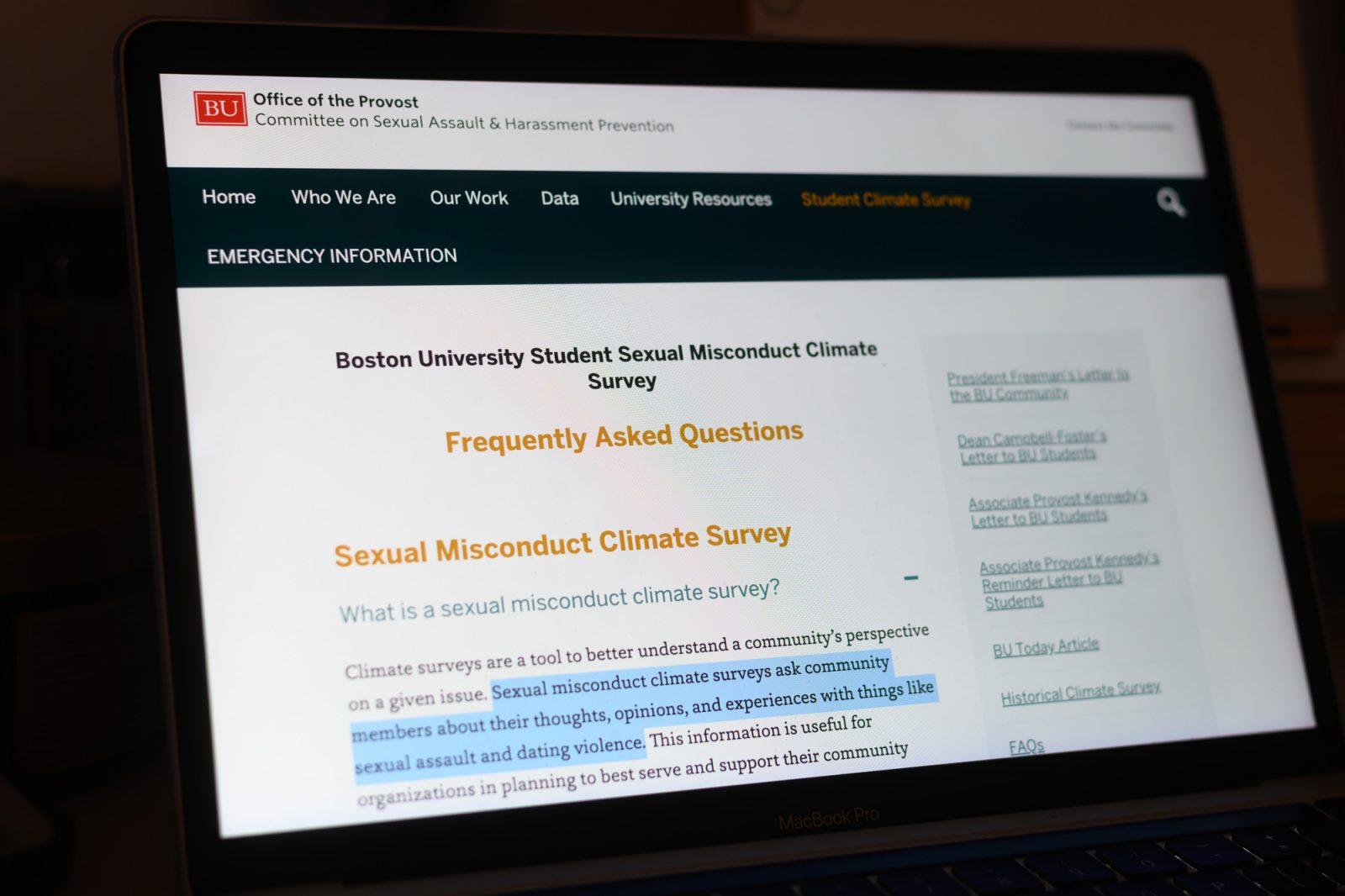 Boston University Sexual Assault Prevention Committee’s website. BU launched the incentivized sexual misconduct climate survey to better inform the committee of student experiences, with results being analyzed for the Fall semester. MOLLY POTTER/DFP PHOTOGRAPHER