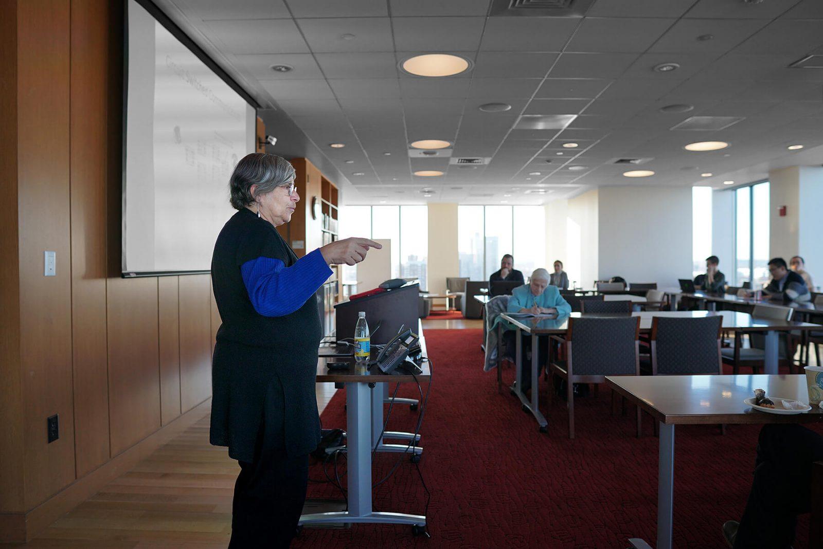 Susan Landau, a professor of cyber security and policy at Tufts University, speaks about electronic surveillance law Wednesday at Boston University’s School of Law. SOPHIE PARK/ DAILY FREE PRESS STAFF 