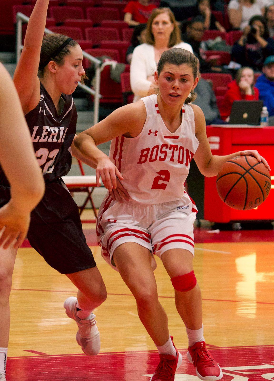 Junior guard Katie Nelson, shown in a February 2018 game against LeHigh University, has been a constant presence for the Terriers, averaging 38.9 minutes per game this season. CHLOE GRINBERG/ DFP FILE