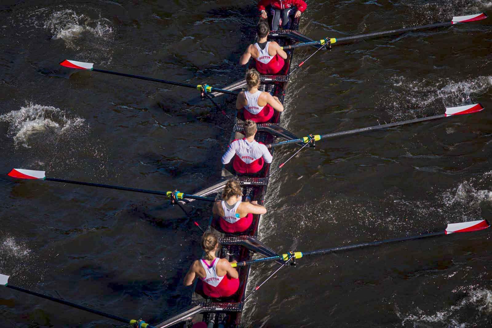 The Boston University rowing team in the 2016 Head of the Charles Regatta. After being held as a global virtual event in 2020, the Regatta will welcome 11,000 rowers and nearly 150,000 spectators back to the Charles River this weekend. MIKE DESOCIO/DFP FILE