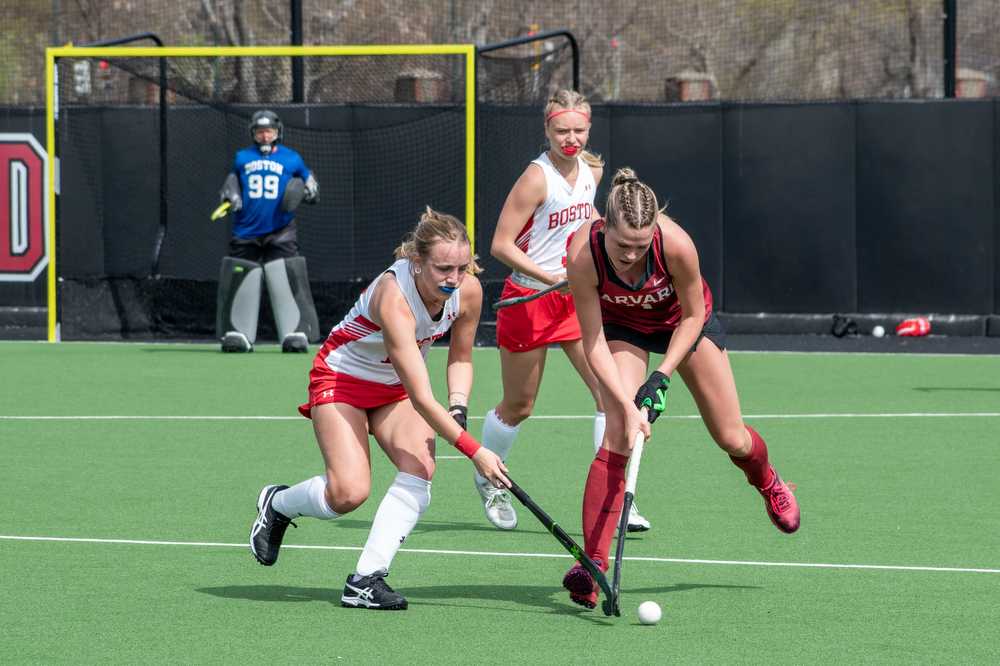 Boston University sophomore forward and midfielder Maddie Hudson (13) in a game against Harvard in April. The Boston University field hockey team lost to Harvard 7-0 on Tuesday. MOLLY POTTER/DFP PHOTOGRAPHER