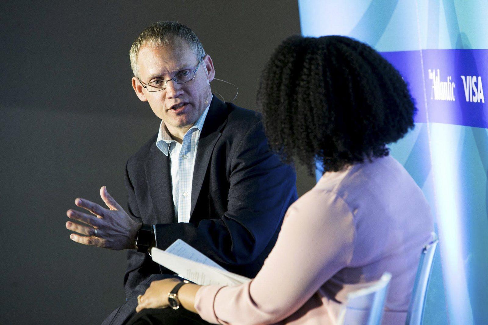 Carl Lundblad of Ten Thousand Villages speaks with Gillian White at The Atlantic Summit on Healthcare Monday morning. The event aimed to explore the future of health care. PHOTO COURTESY KRISTOFFER TRIPPLAAR
