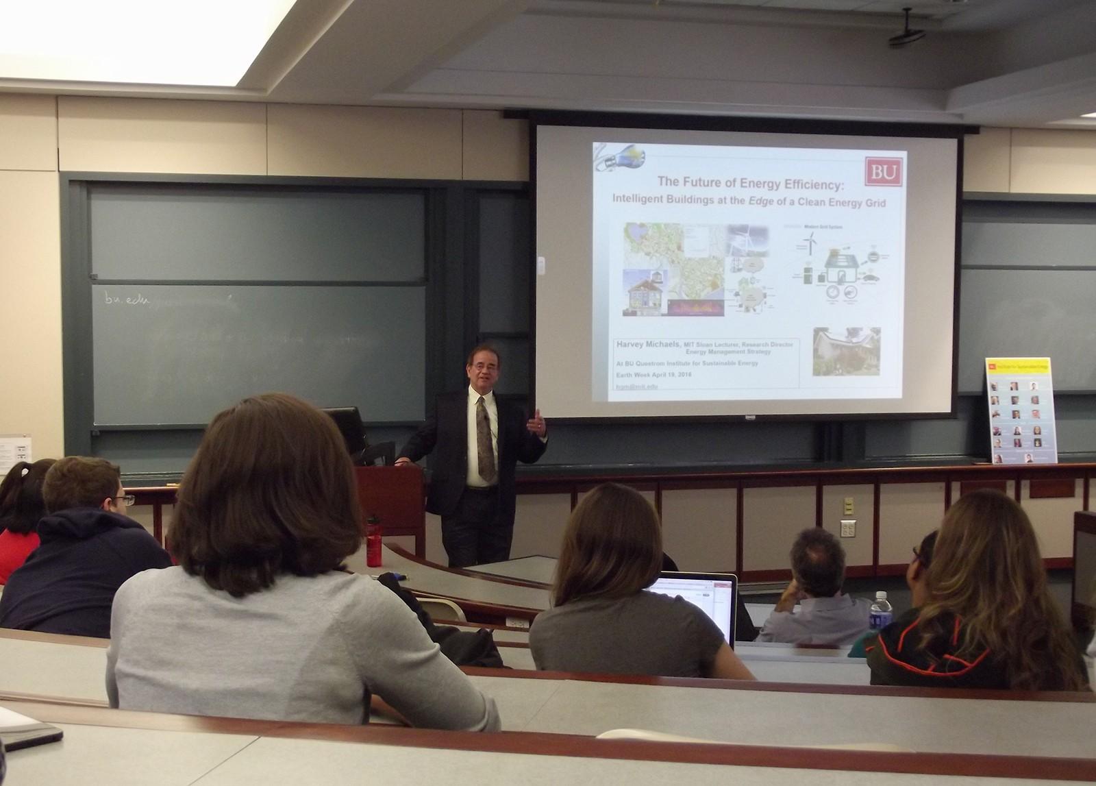Harvey Michaels, a professor at the Massachusetts Institute of Technology, speaks at an Earth Week+ event hosted by the BU Institute for Sustainable Energy on Tuesday afternoon. PHOTO BY ADRIANA DIAZ/DAILY FREE PRESS STAFF