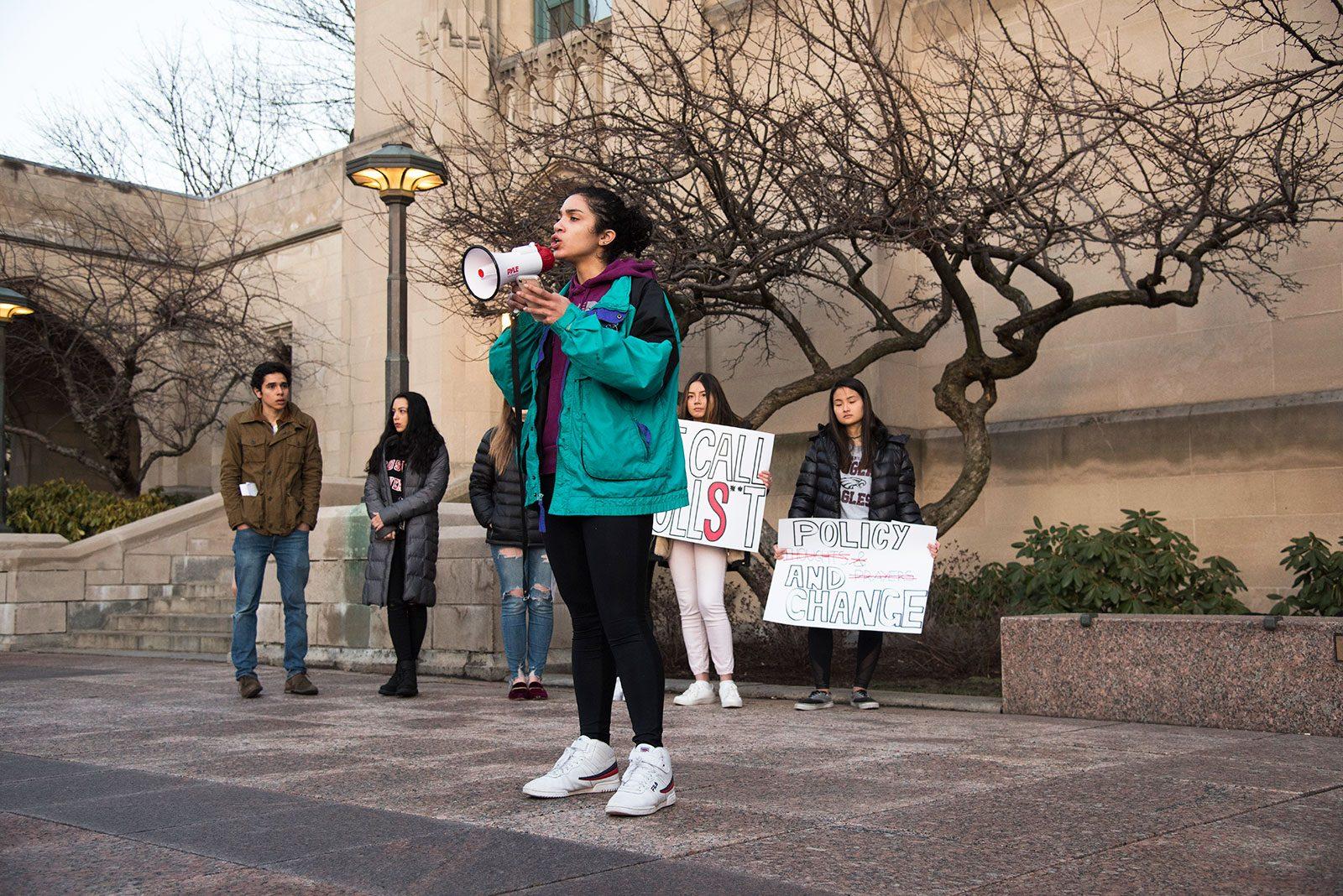 A student speaks at a February 2018 rally at Boston University’s Marsh Plaza. The university’s Free Speech Committees announced on Aug. 26 upcoming forums that would address various topics regarding campus inclusivity and freedom. LEXI PLINE/ DFP FILE
