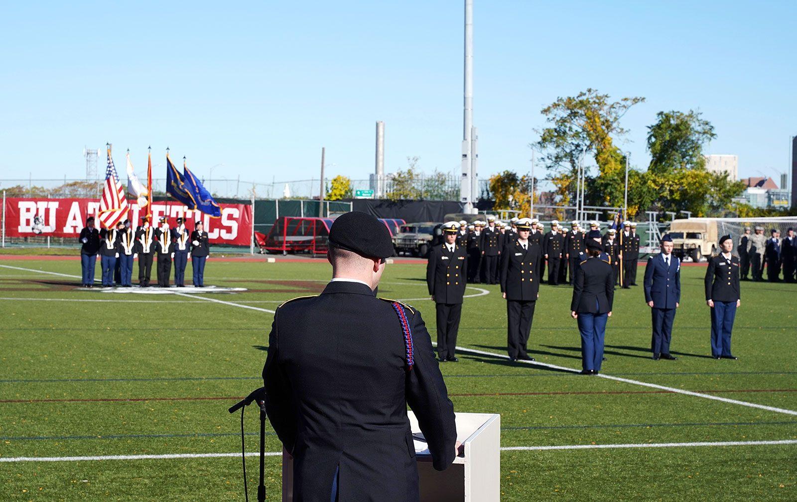 Members of the Reserve Officers Training Corps line up on Nickerson Field during Boston University’s annual Pass-In-Review ceremony on Saturday. TINA WANG/ DAILY FREE PRESS STAFF