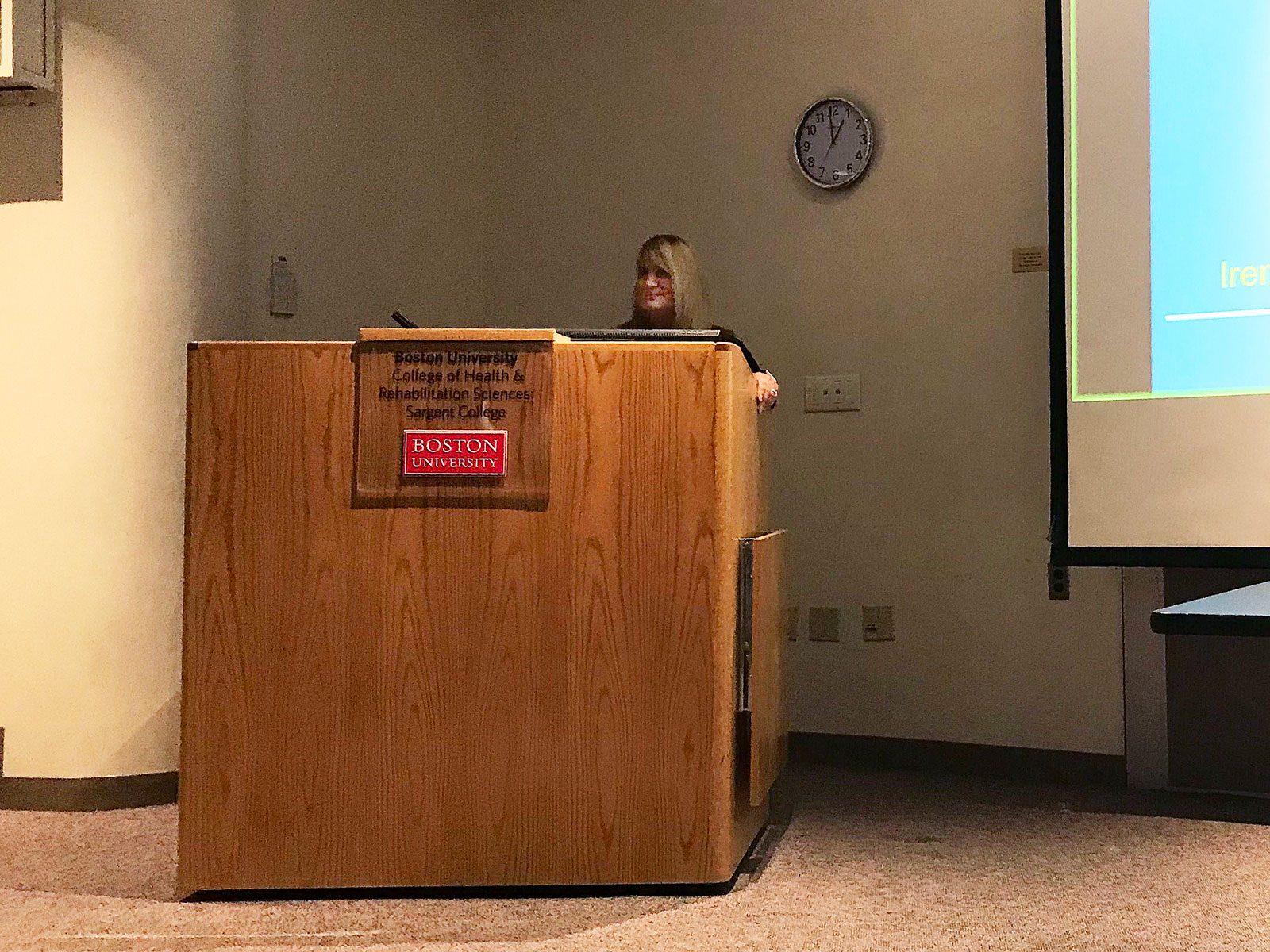 Irene Davis speaks at an event on “Integrating Science into the Treatment of Runners” Friday afternoon. NATHAN LEDERMAN/ DAILY FREE PRESS STAFF