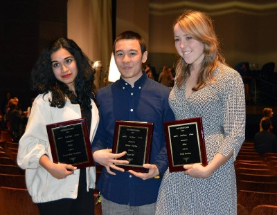 (From left) Fannar Thor Arnarsson won second place, Bryan Sih won first place and Emily Sheehan won third place at the Redstones film festival at Boston University Wednesday night. PHOTO BY ERIN BILLINGS/DAILY FREE PRESS STAFF 
