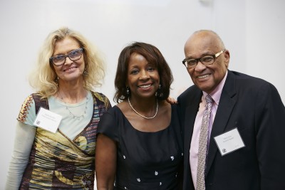 Regina Snowden, a 1991 BU School of Social Work graduate and founder of Partners for Youth with Disabilities, stands with former ABC 5 anchor Pam Cross and former Dean and Professor of BU SSW Hubie Jones. PHOTO COURTESY NICOLE MALO