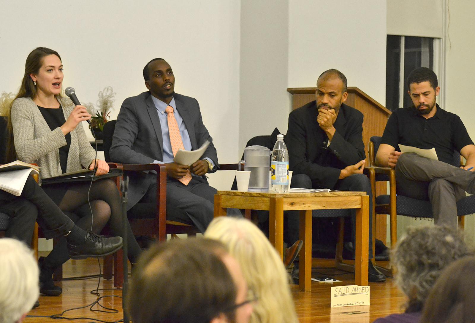Executive Director of the Muslim Justice League Shannon Erwin speaks during the “Resisting Surveillance: Racial & Religious Profiling in Boston & Beyond” panel at the First Church of Roxbury Tuesday evening. PHOTO BY LEXI PLINE/DAILY FREE PRESS CONTRIBUTOR