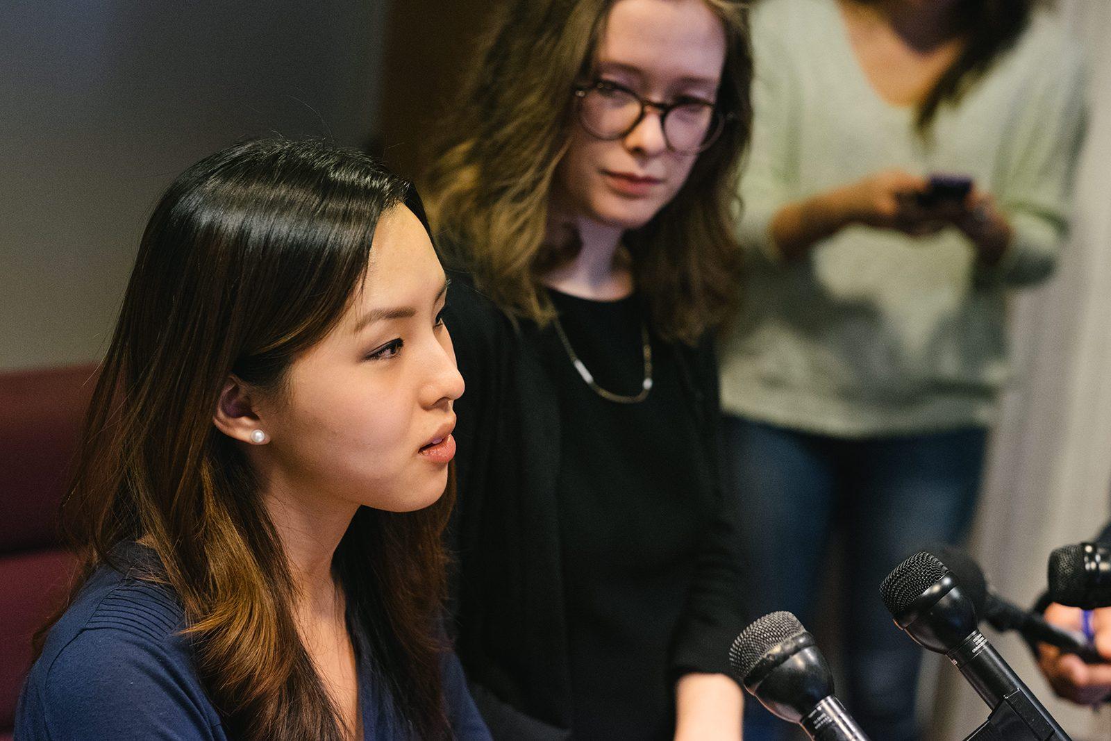 Erin Shyr and Maria Currie speak about their lawsuit against College of Fine Arts professor Eric Ruske and Boston University at a press conference on April 12. PHOTO BY BRIAN SONG/ DFP FILE PHOTO