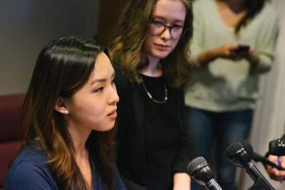 Erin Shyr and Maria Currie speak about their lawsuit against College of Fine Arts professor Eric Ruske and Boston University at a press conference on April 12. PHOTO BY BRIAN SONG/ DFP FILE PHOTO