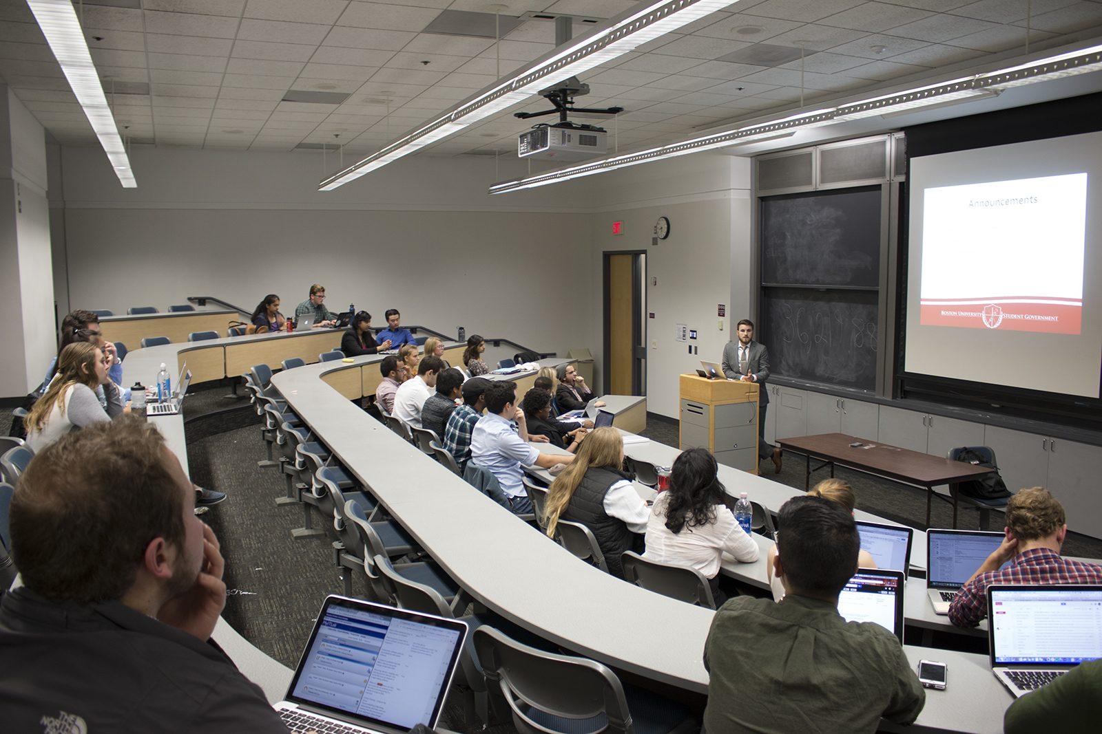 The Boston University Student Government holds its first meeting of the semester Monday night in the Photonics Center. PHOTO BY KANKANIT WIRIYASAJJA/ DAILY FREE PRESS STAFF 