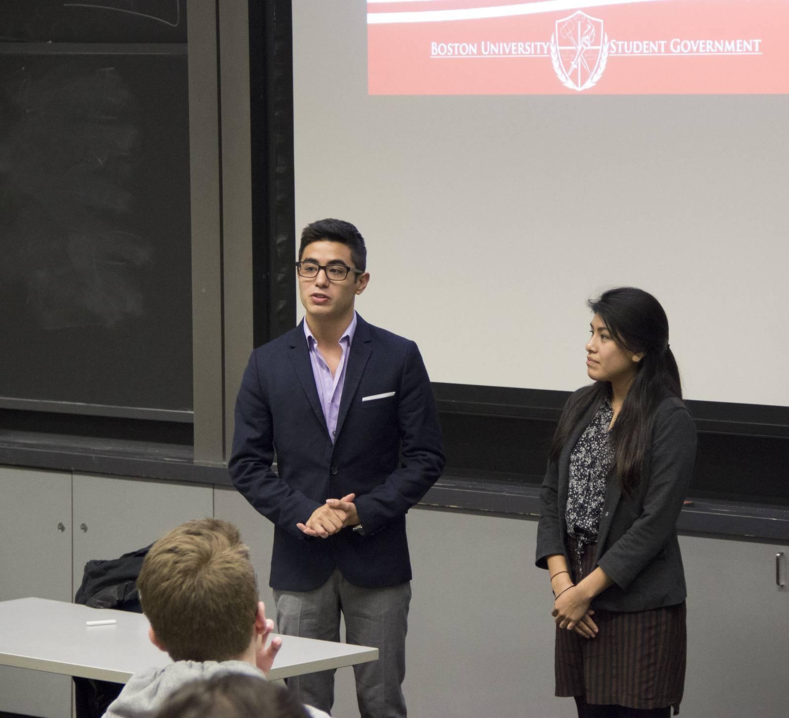 Austin Kruger (SMG '16) speaks about Food ad hoc to the Boston University Student Government Senate. PHOTO BY MARY SCHLICHTE/DAILY FREE PRESS STAFF