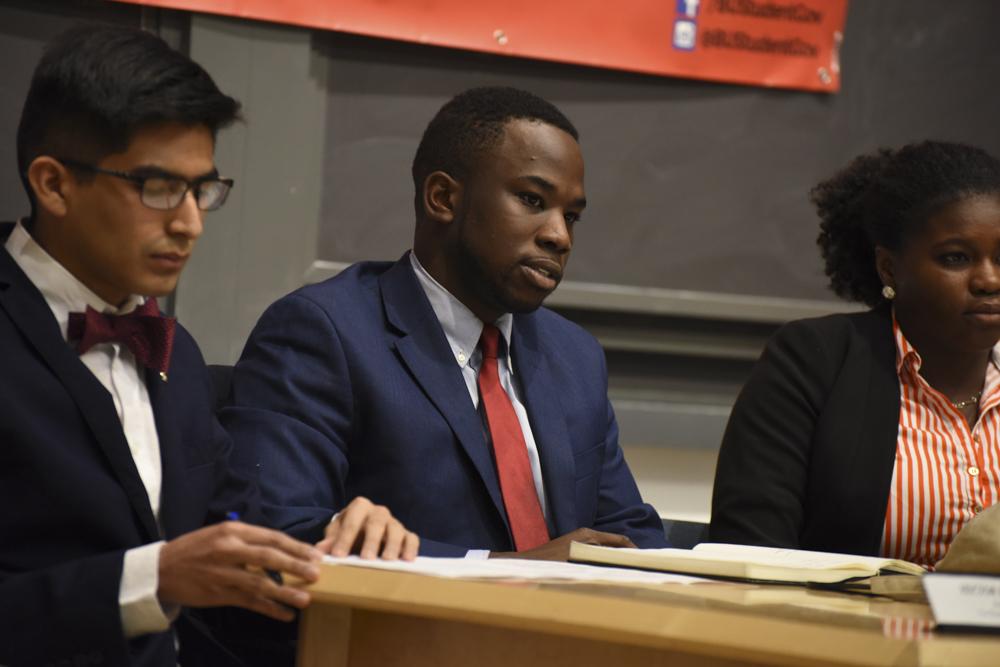 Devin Harvin, the BuildBU presidential candidate, speaks at the Student Government debate on Wednesday evening. PHOTO BY LEXI PLINE/ DAILY FREE PRESS STAFF
