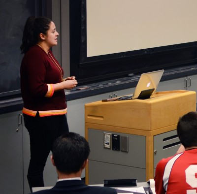 Boston University Panhellenic Council President Liza Moskowitz seeks support from the Senate on promoting the Collegiate Housing and Infrastructure Act at a Student Government meeting Monday in the Photonics Center. PHOTO BY WILLA RUSOWICZ-ORAZEM/DAILY FREE PRESS STAFF
