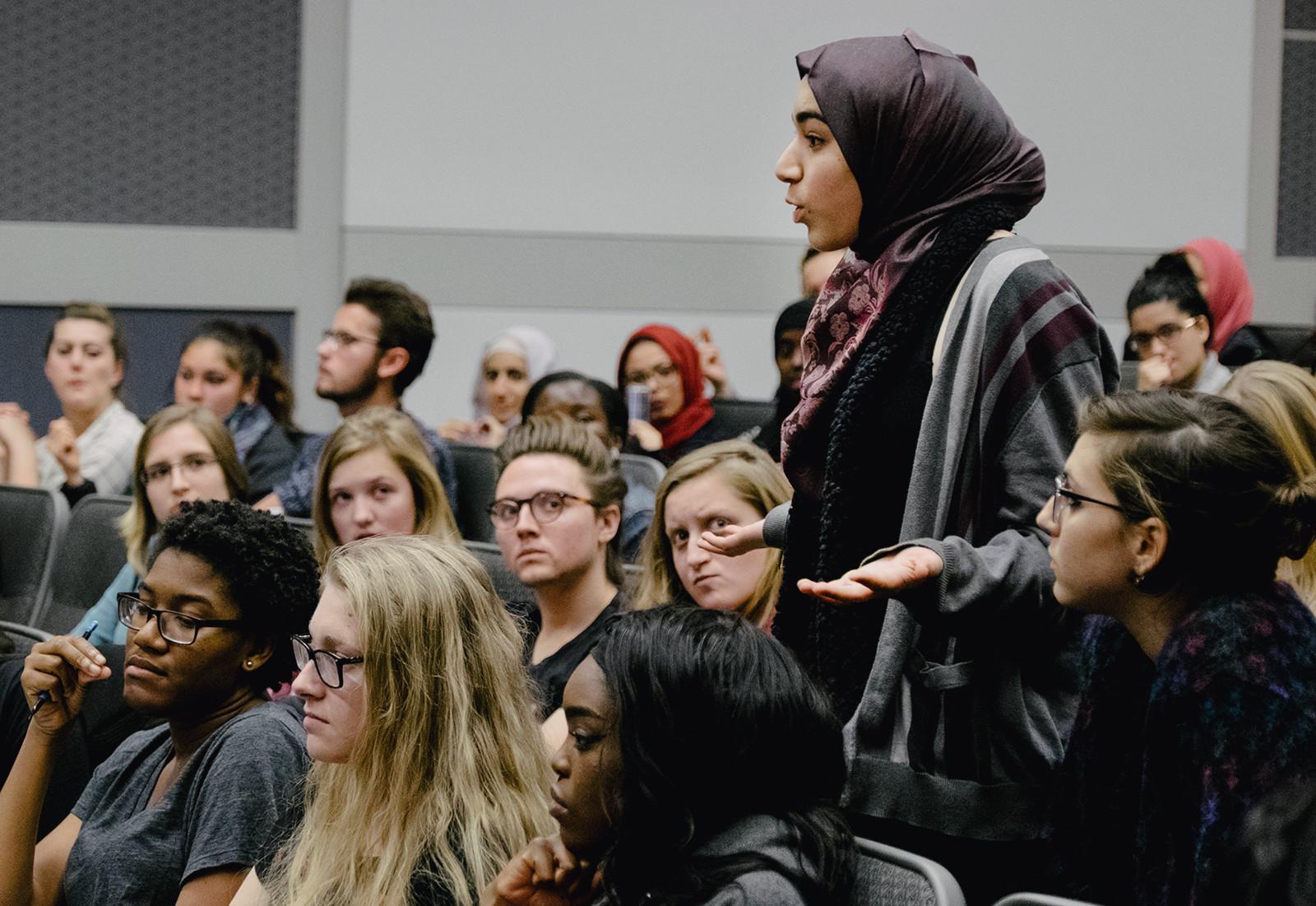 Diana Abbas, CAS '18, speaks during a Boston University student government meeting Monday, which aimed to develop a new direction for the organization after a series of E-board member resignations. PHOTO BY BRIAN SONG/DAILY FREE PRESS STAFF
 
