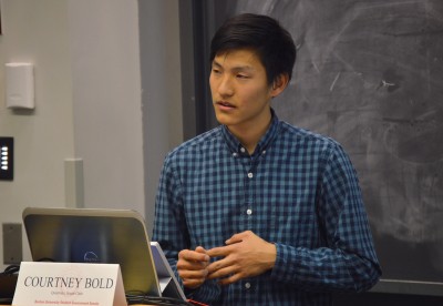 Andrew Cho, President of BU Student Government, brings up recent issues involving diversity on campus at Tuesday night’s meeting in the Photonics building. PHOTO BY ERIN BILLINGS/DAILY FREE PRESS STAFF