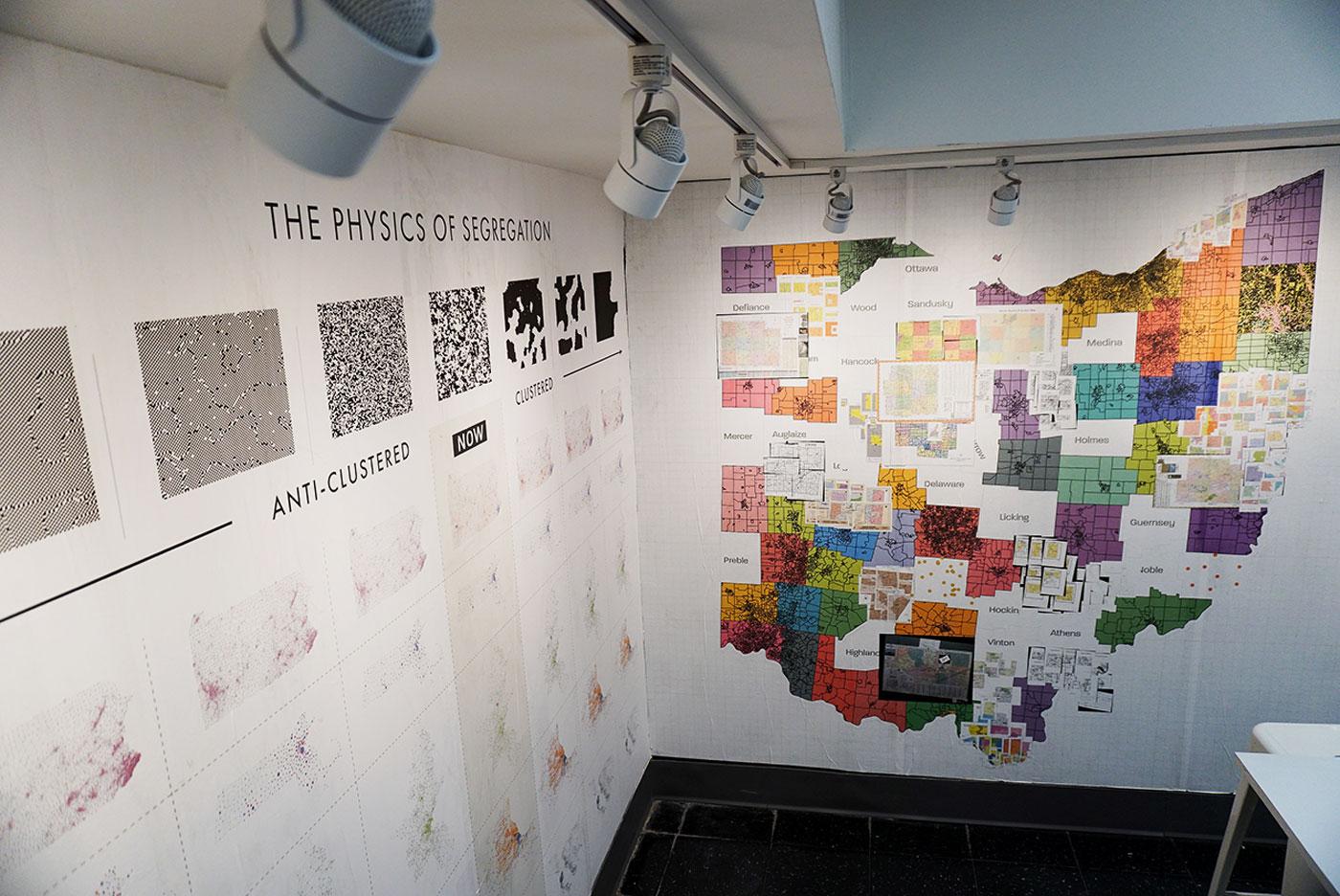 The installation “Election.” The School of the Museum of Fine Arts at Tufts University (SMFA) features maps of gerrymandered districts across the nation. SOPHIE PARK/ DAILY FREE PRESS STAFF