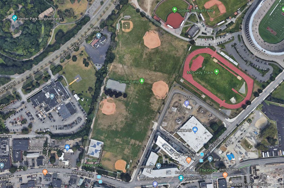An overhead satellite image of Smith Playground and Smith Field in Allston, which reopened on Saturday after two years of construction. GOOGLE MAPS