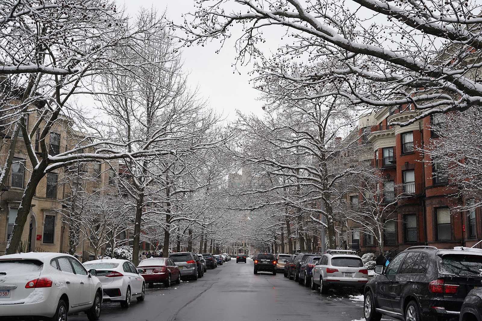 A snowy Bay State Road in Boston. The city’s first snow on Sunday night brought along with it safety warnings from city and state officials. TINA WANG/ DAILY FREE PRESS STAFF
