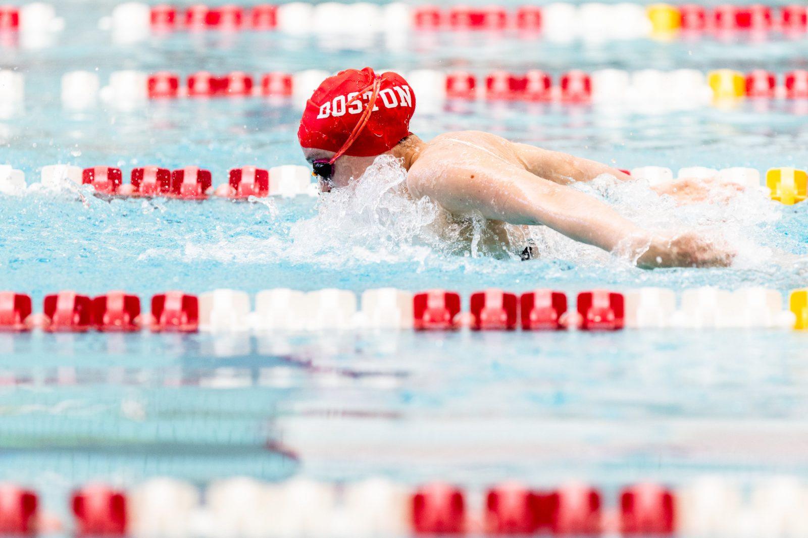 Junior Haley Newman swimming for Boston University on Nov. 9. BU swimming and diving hosted the final home meet of the season, the Boston Winter Open, on Feb. 7-8. COURTESY OF BU ATHLETICS 
