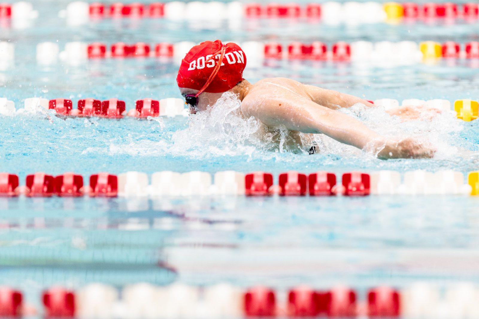 Haley Newman swimming during the meet on Saturday at FitRec Competition Pool. Both the men’s and women’s swim and dive teams won their meets against the University of Massachusetts Amherst on Saturday. COURTESY OF BU ATHLETICS 
