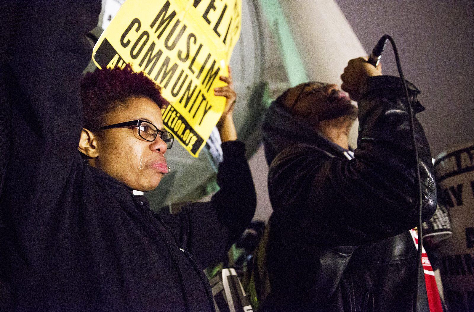 A woman cries during a protest against Donald Trump Wednesday night in the Boston Common. PHOTO BY SARAH SILBIGER/ DAILY FREE PRESS STAFF 