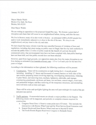 Mayor Martin Walsh reviewed a letter written by the Coalition Against IndyCar Boston opposing the IndyCar Race set to take place in Boston this September. PHOTO COURTESY THE COALITION AGAINST INDYCAR BOSTON