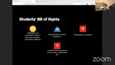 students' bill of rights slide in a boston university student government meeting