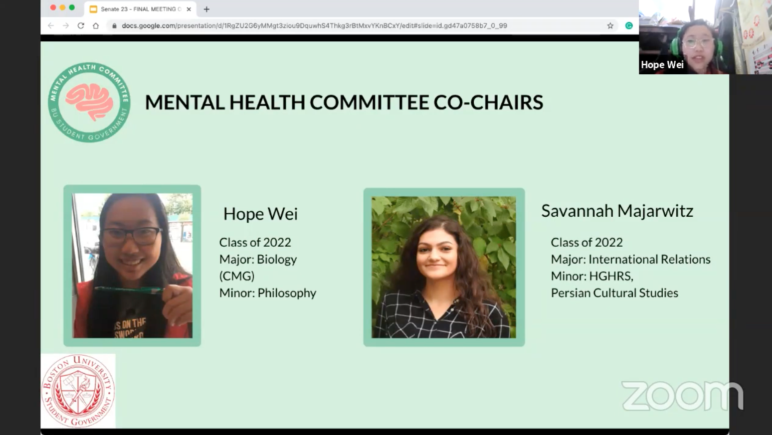 mental health committee co-chairs speak at a boston university student government meeting