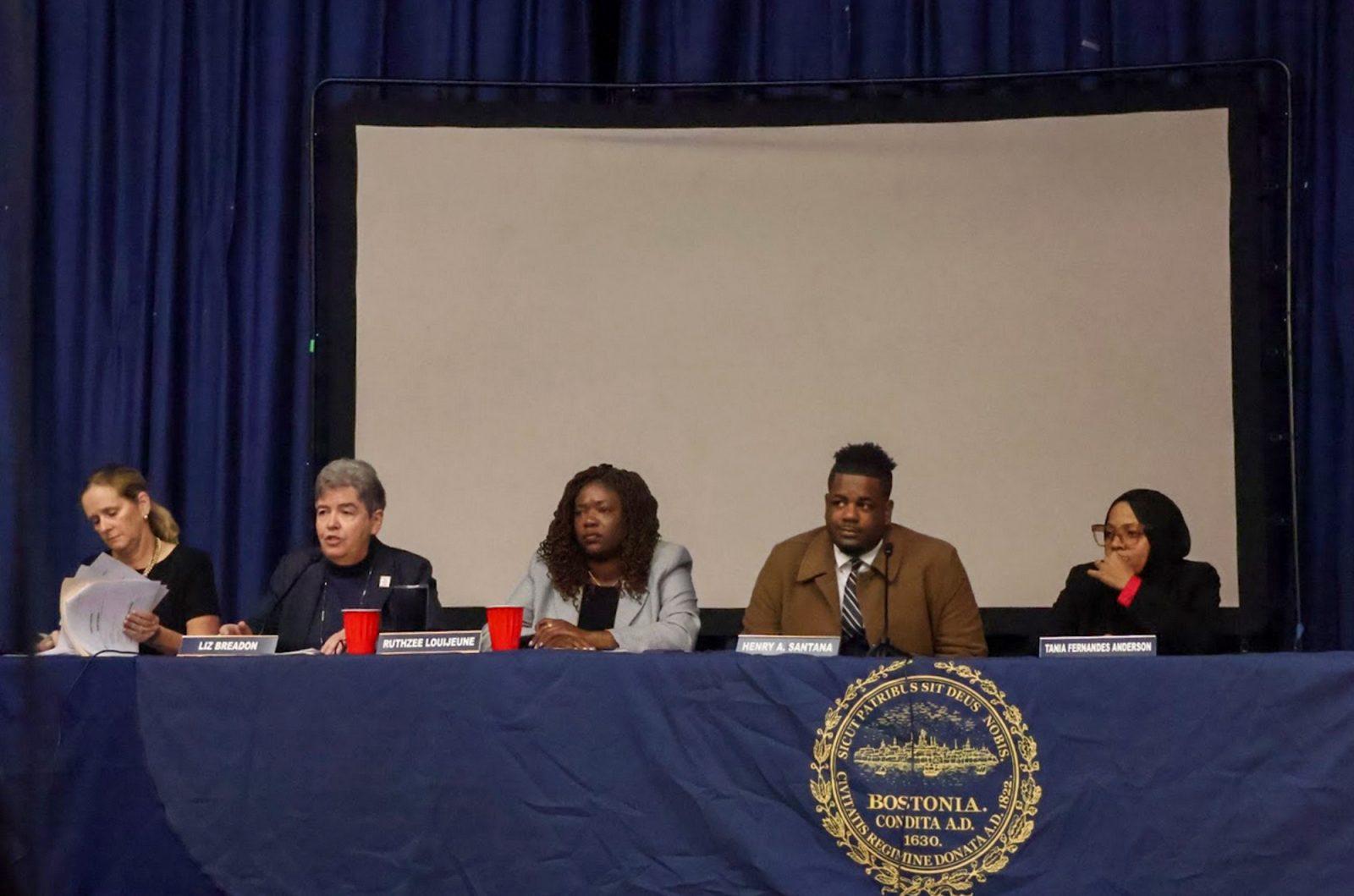 Boston city councilors speaking at the Jackson Mann Community Center hearing on Tuesday. Allston-Brighton residents voiced their frustration over the lack of community resources from the city despite the neighborhood being the second-largest in Boston. PHOTO BY NATHAN METCALF