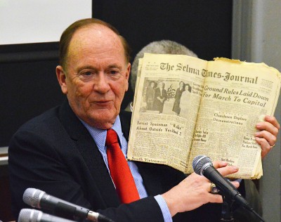 Boston University School of Theology alumnus Don Messer speaks about taking students to the marches in Selma, Alabama in 1965 at “Selma at 50, Ferguson Today” on Tuesday. PHOTO BY ERIN BILLINGS/DAILY FREE PRESS STAFF