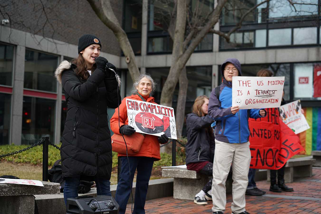Ana Milosavljevic of BU Students Against Imperialism and BU alumnus Susan Mirsky protest defense contractor Raytheon at the College of Engineering’s career fair Wednesday. SERENA YU/ DAILY FREE PRESS STAFF 
