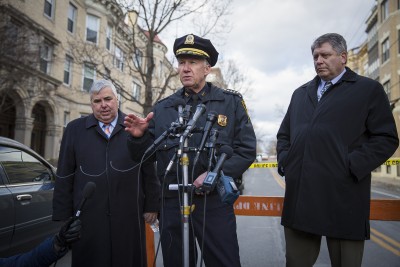 Brookline Police Chief Daniel O’Leary debriefs press about the two people shot and one stabbed Wednesday morning at 198 St. Paul St. and 75 Harvard St. in Brookline. PHOTO BY SARAH SILBIGER/DAILY FREE PRESS STAFF